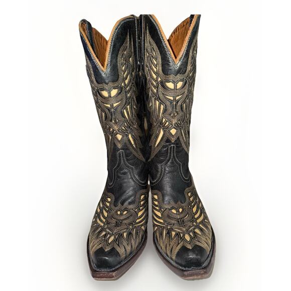 Lucchese Shoes - Womans Lucchese M3582 Black Crackle Lazer Design Bone Inlay Cowboy Boots 9.5 B